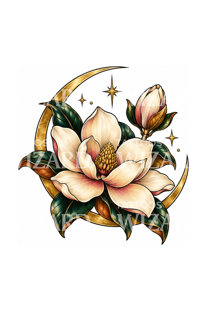 Südliche Magnolie im goldenen Sichelmond, Tattoo-Design