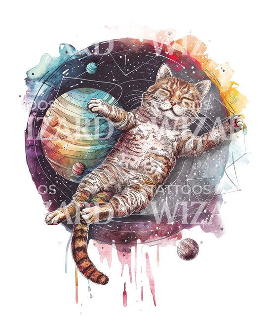 Space Cat Watercolor Tattoo Design