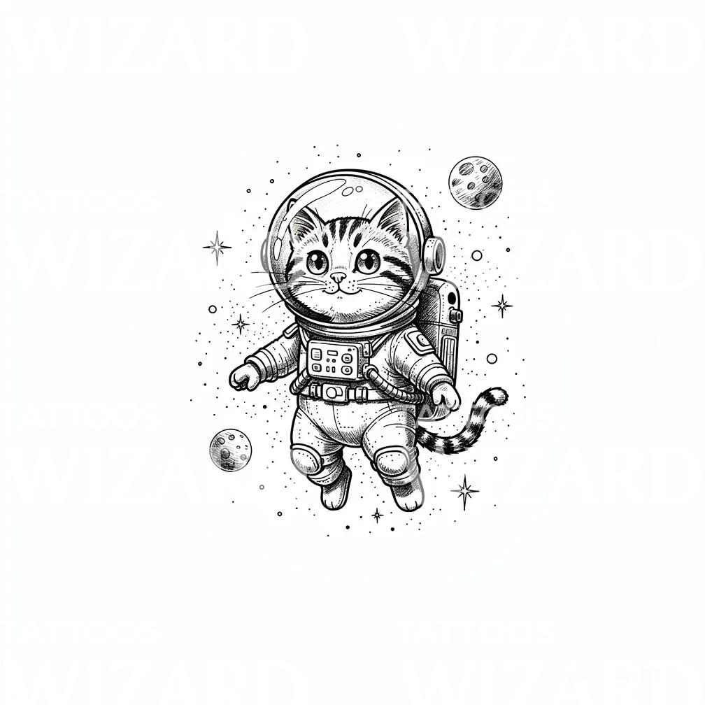 Space Cat with Planets Tattoo Illustration