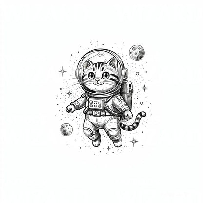 Space Cat with Planets Tattoo Illustration