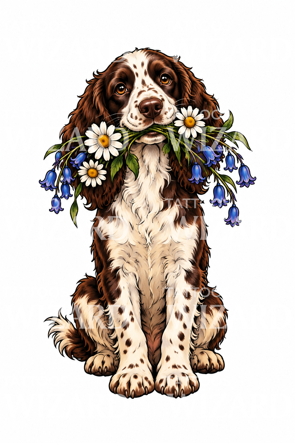 Spaniel with Wildflower Bouquet Tattoo – Tattoos Wizard Designs