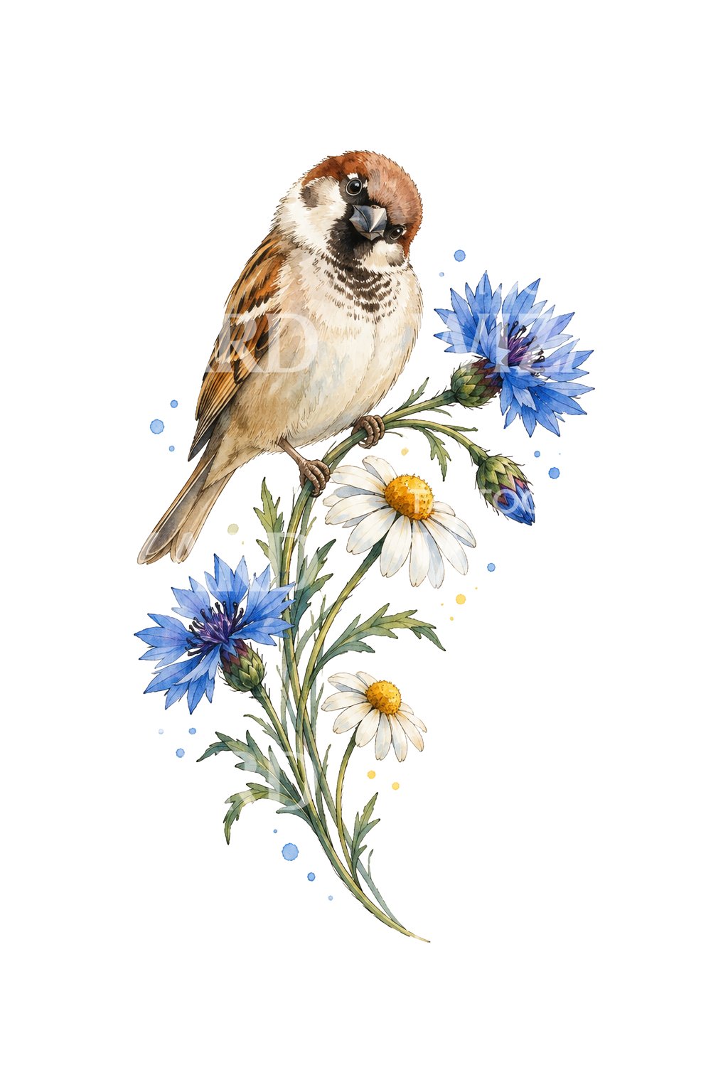 Akvarelová ilustrace tetování vrabce na chrpě