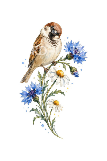 Akvarelová ilustrace tetování vrabce na chrpě