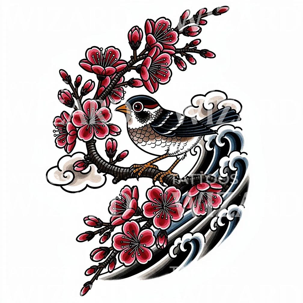 Sparrow Sakura Waves Tattoo Design