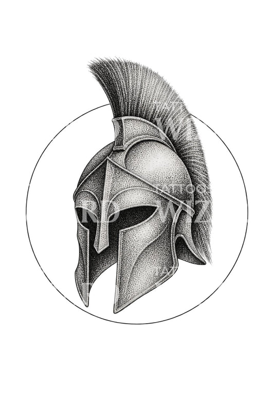 Diseño de tatuaje de casco espartano en un círculo de puntos