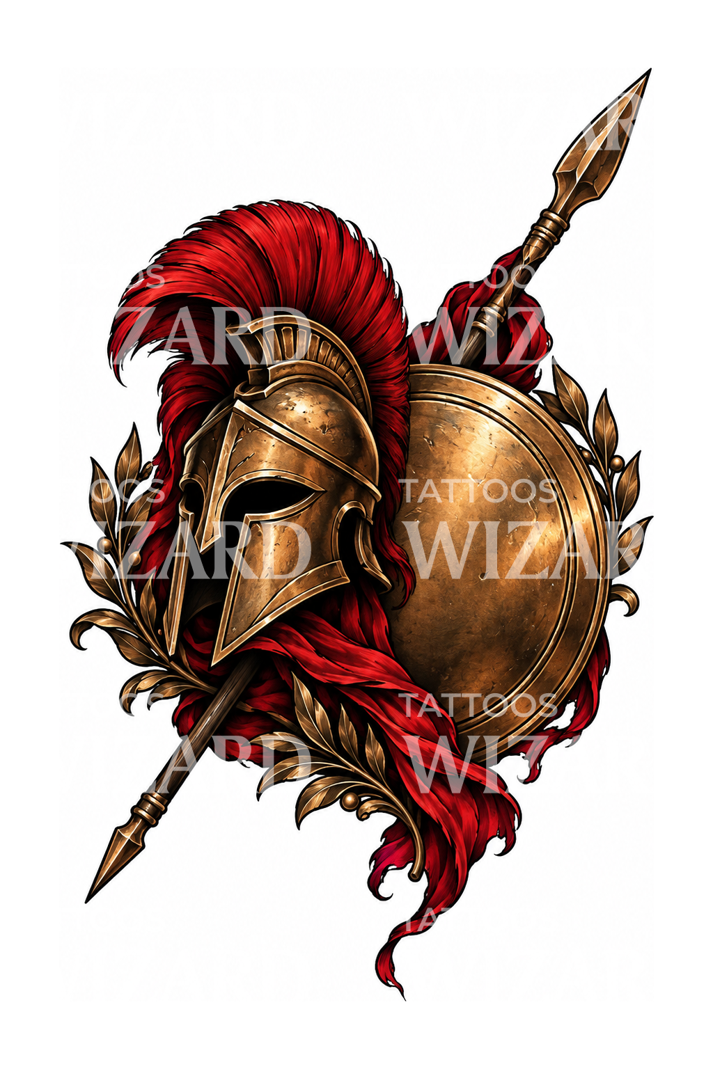 Tattoo-Design mit spartanischem Helm, Schild und Speer
