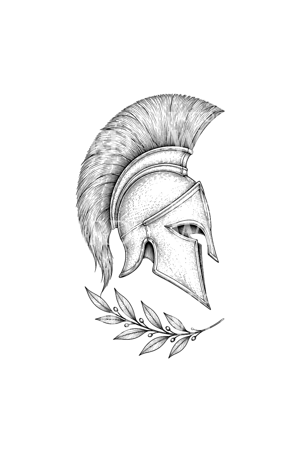 Tato fine line helm Spartan dengan ranting laurel
