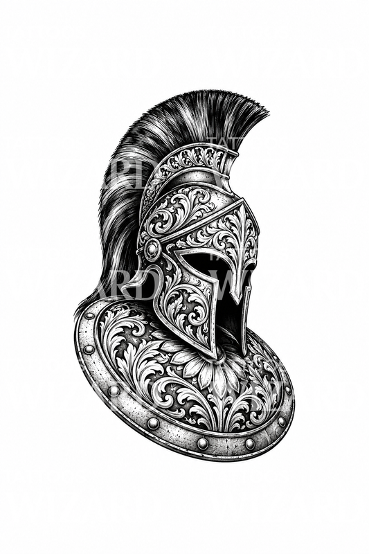 Tatoveringsdesign med spartansk hoplitt hjelm og skjold
