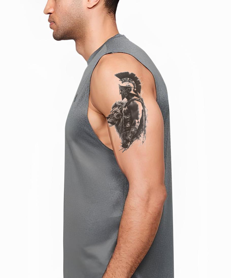 Man Tattoo With Spartan and Lion