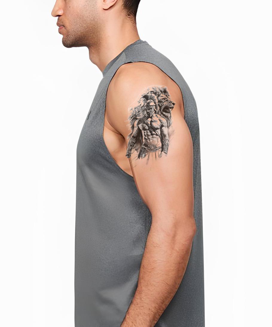 Furious Roman Warrior With Lion Heart Tattoo