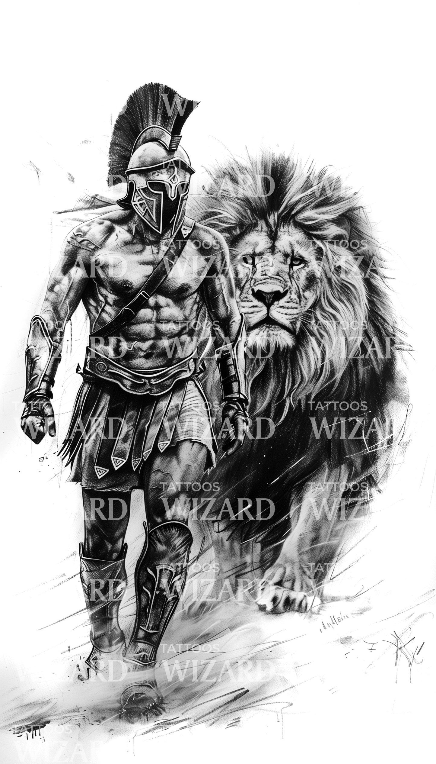 Spartan Warrior With Lion Tattoo Design