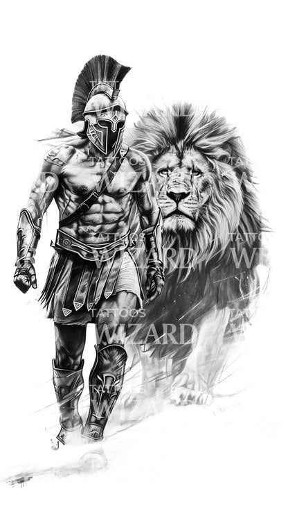 Spartan Warrior With Lion Tattoo Design