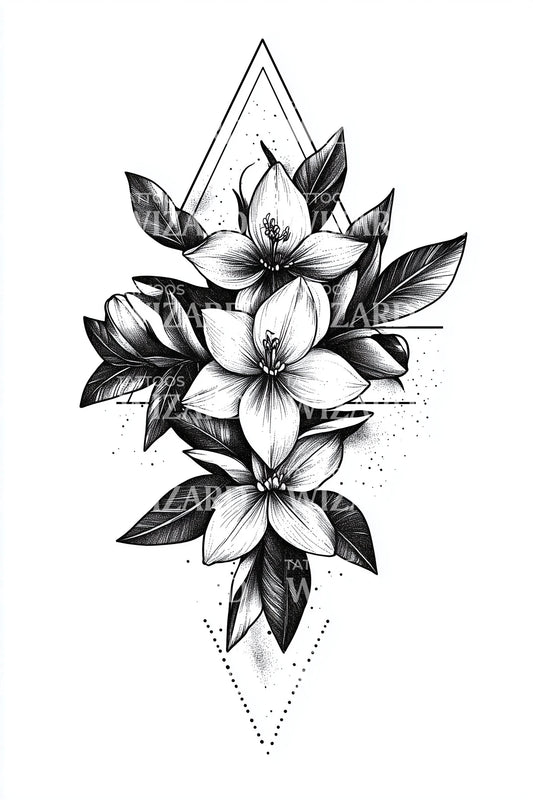 矛尖茉莉花束纹身设计