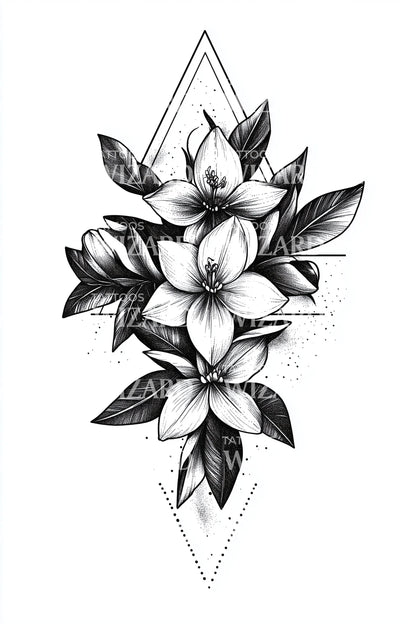 矛尖茉莉花束纹身设计