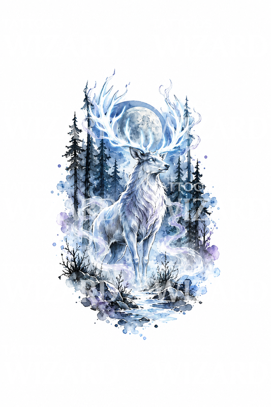 Spectral Stag of the Wild Hunt Watercolor Tattoo