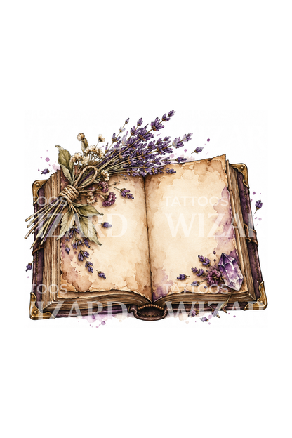 Spell Book with Lavender Watercolor Tattoo
