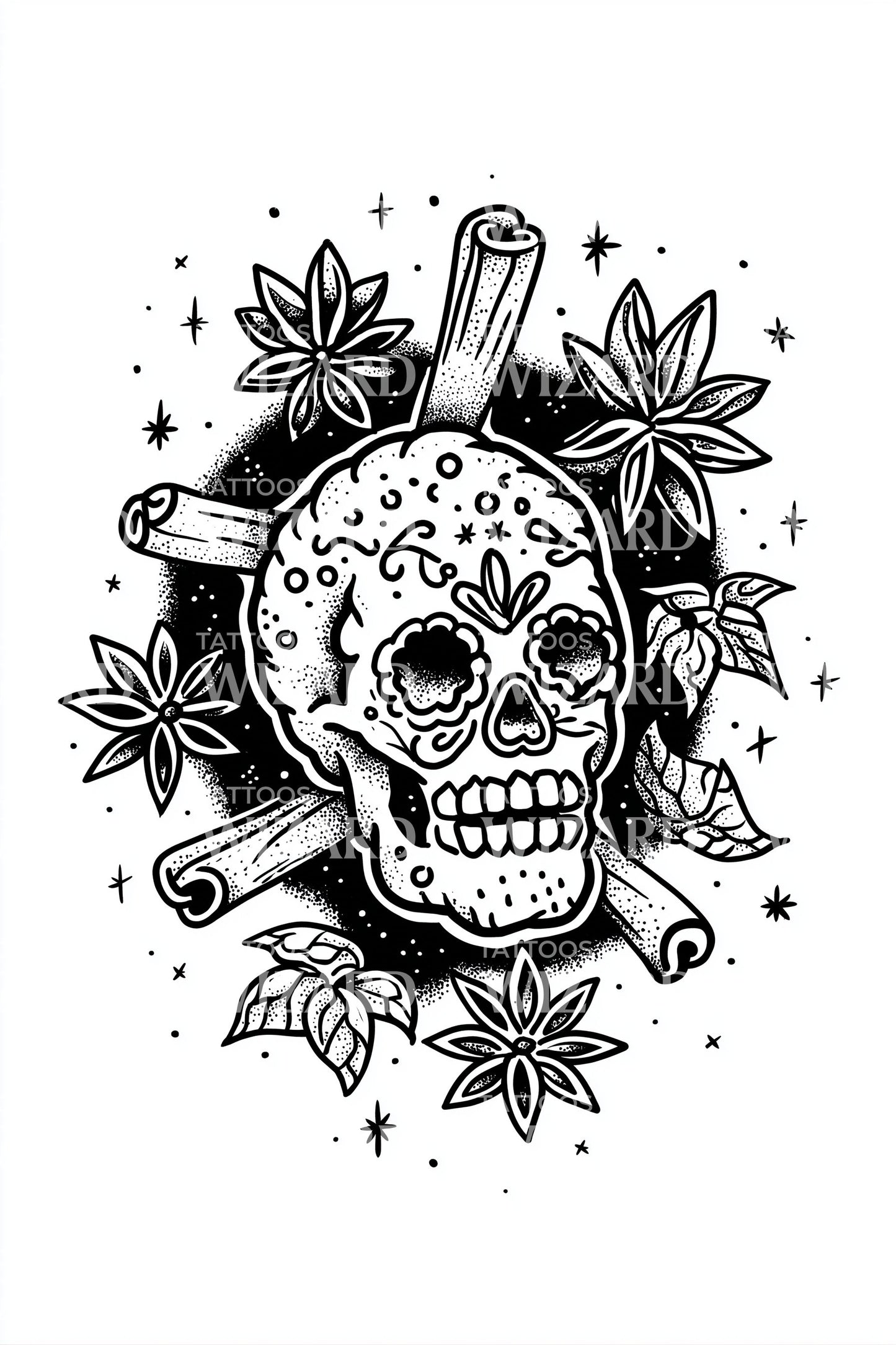 Spiced Floral Skull Tattoo Design