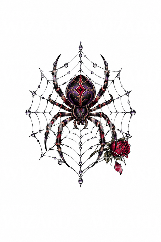 Tatuagem de aranha numa teia com rosa