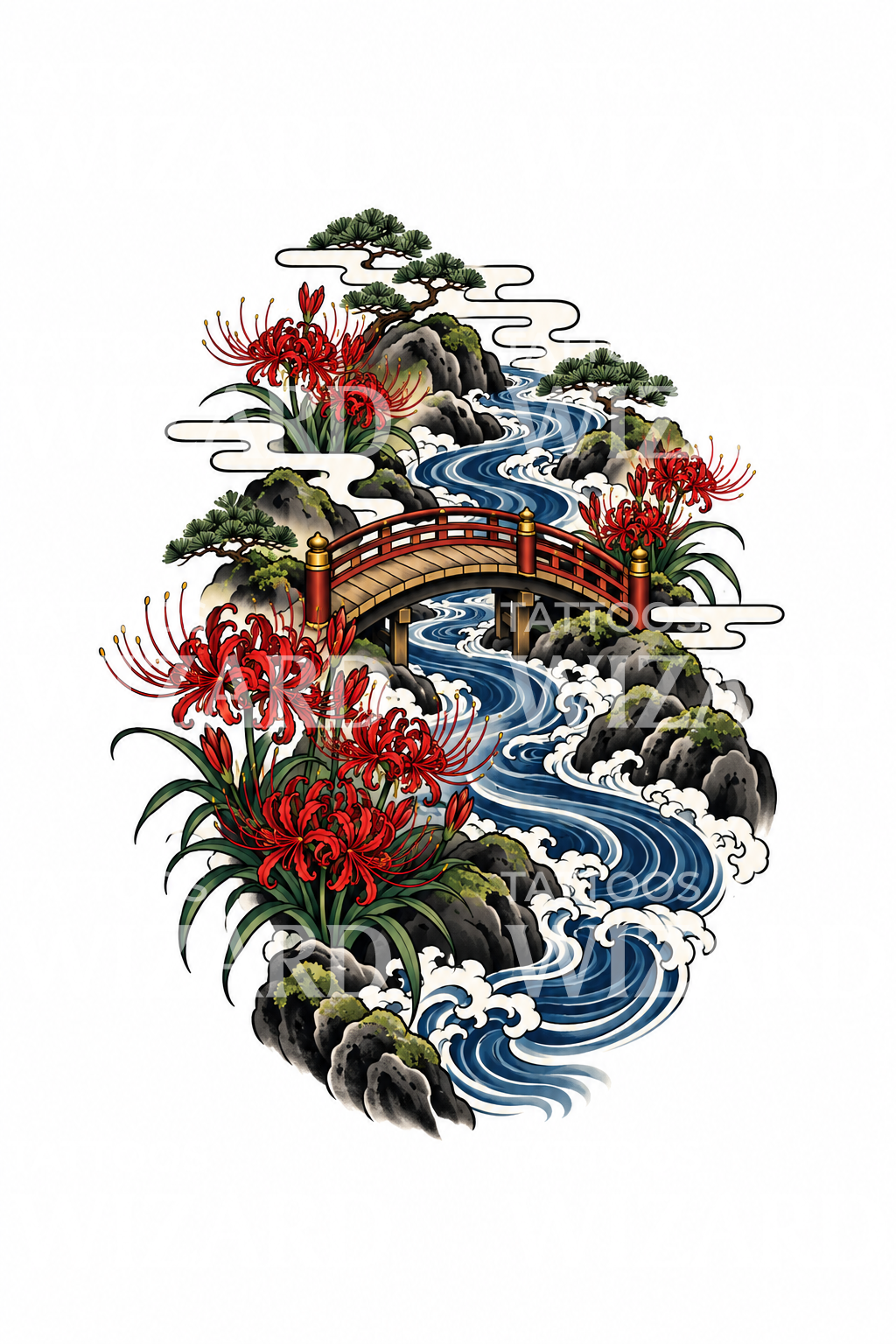 Tatouage japonais de lys araignées près d'un pont