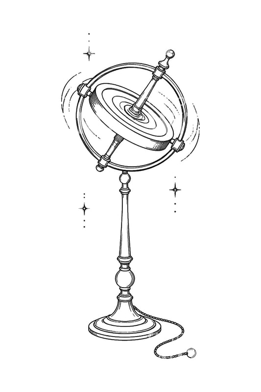 Tattoo-ontwerp van een draaiende gyroscoop op een voetstuk