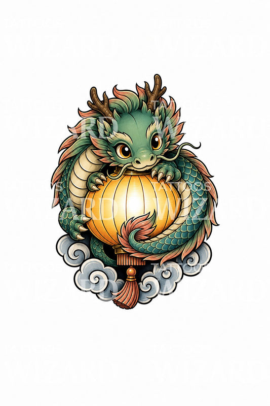 Tattoo-ontwerp met spirituele draak en lantaarn
