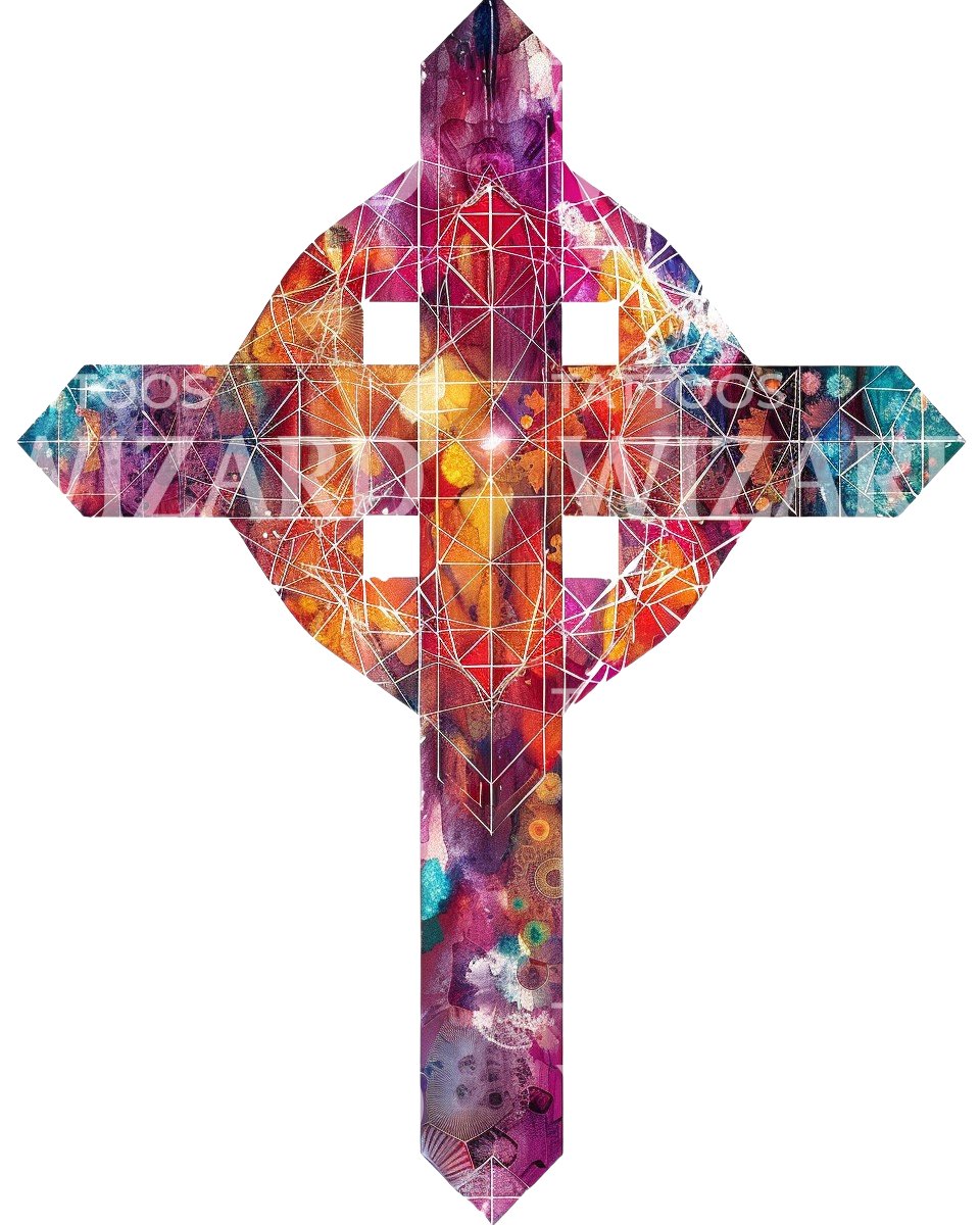 Spirituelles buntes Kreuz mit kosmischer Geometrie Tattoo-Design