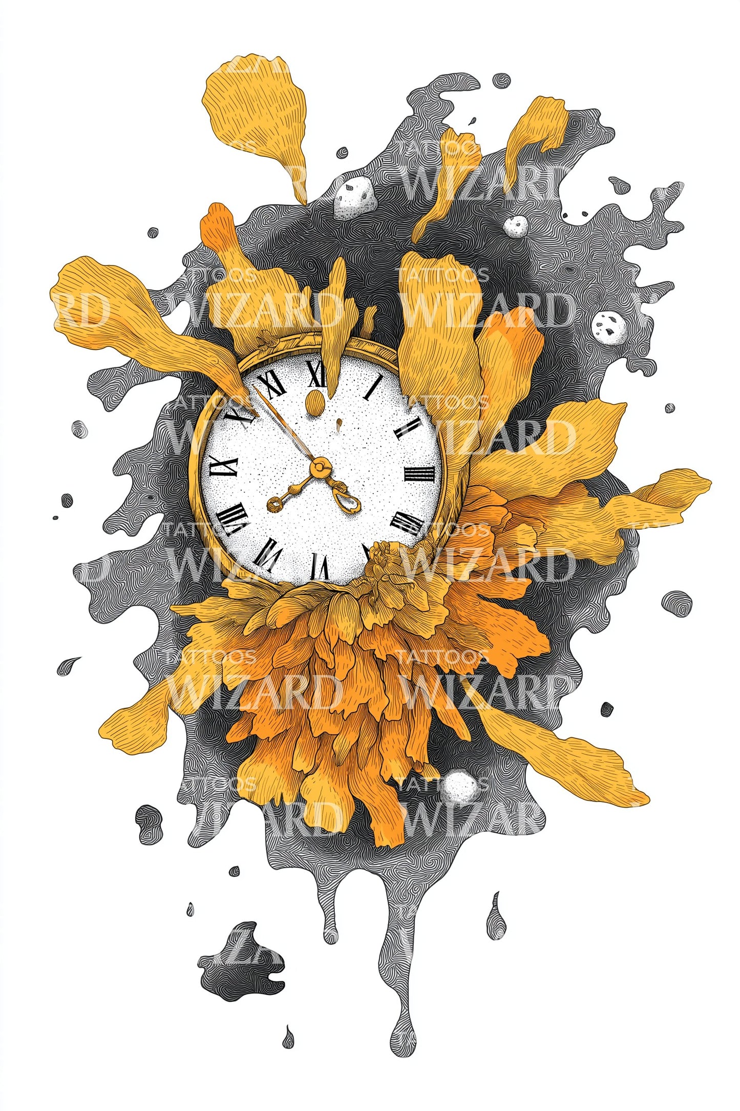 Diseño de tatuaje de flor reloj salpicado
