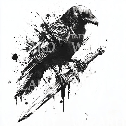 Splattered Ink Crow and Sword Tattoo Idea