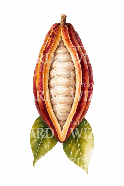Split Cacao Pod Watercolor Tattoo Idea