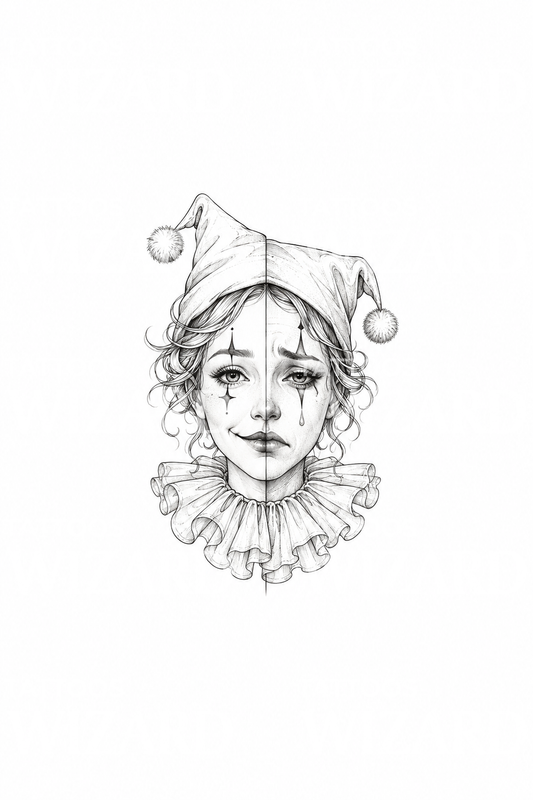 Tattoo-ontwerp van een clown met gespleten gezicht