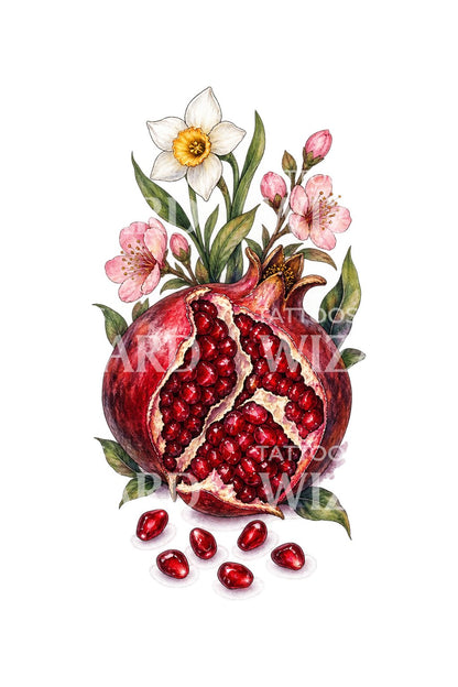 Akwarelowa ilustracja tatuażu rozdzielonego granatu i dwóch światów