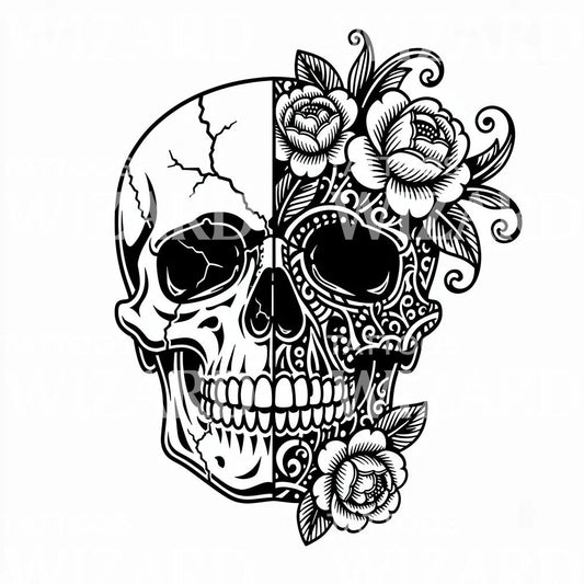 Split Sugar Skull Tattoo Design