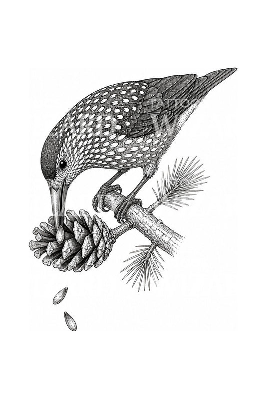 Spotted Nutcracker and Pine Cone Tattoo Idea