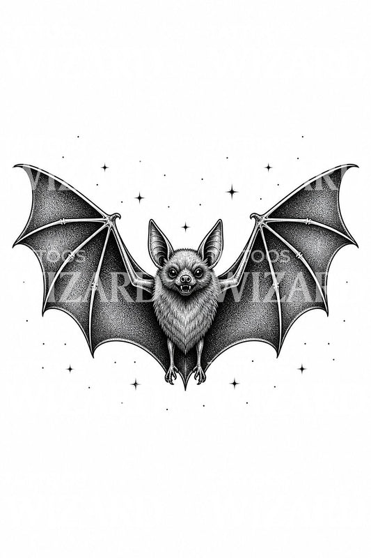 Design de tatouage blackwork chauve-souris aux ailes déployées