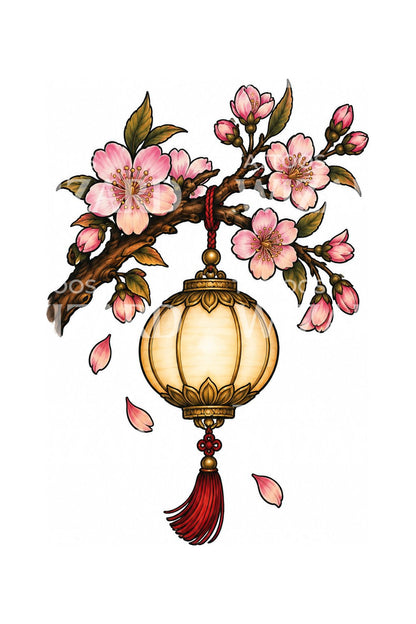 Tattoo-Illustration mit Sakura und Laterne zum Frühlingsfest