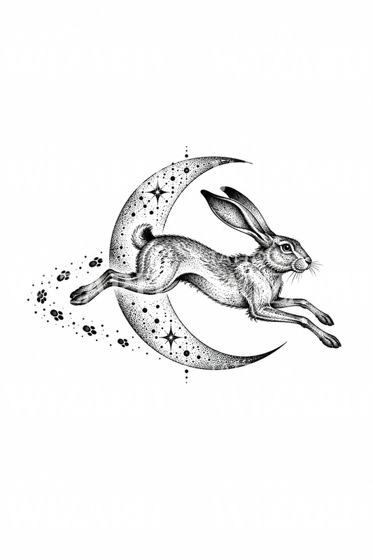 Dotwork-tatovering av en sprintende hare med halvmåne
