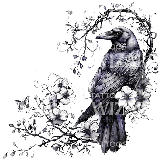 Raven On Cherry Blossom Branch Tattoo Design