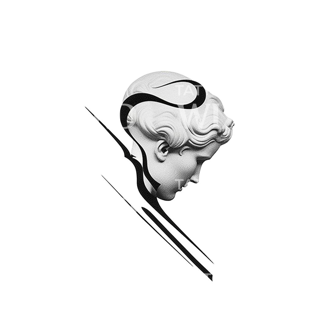 Minimalistisches Tattoo mit dem Kopf eines griechischen Gottes