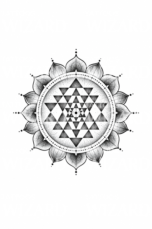 Sri Yantra Inspired Lotus Mandala Dotwork Tattoo