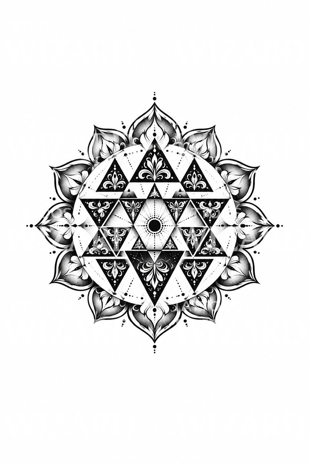 Lotosové tetování s trojúhelníky inspirovanými Šrí jantrou v blackworku