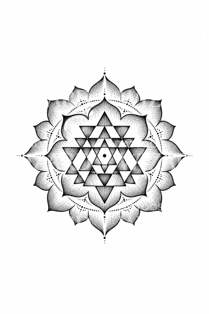 Geometrisches Dotwork-Tattoo mit Sri-Yantra-Lotus