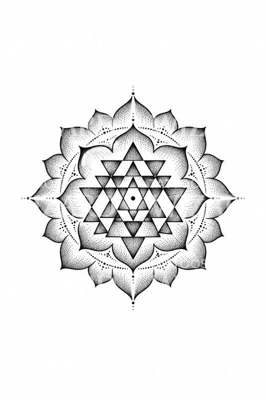 Tatuagem geométrica dotwork de lótus Sri Yantra
