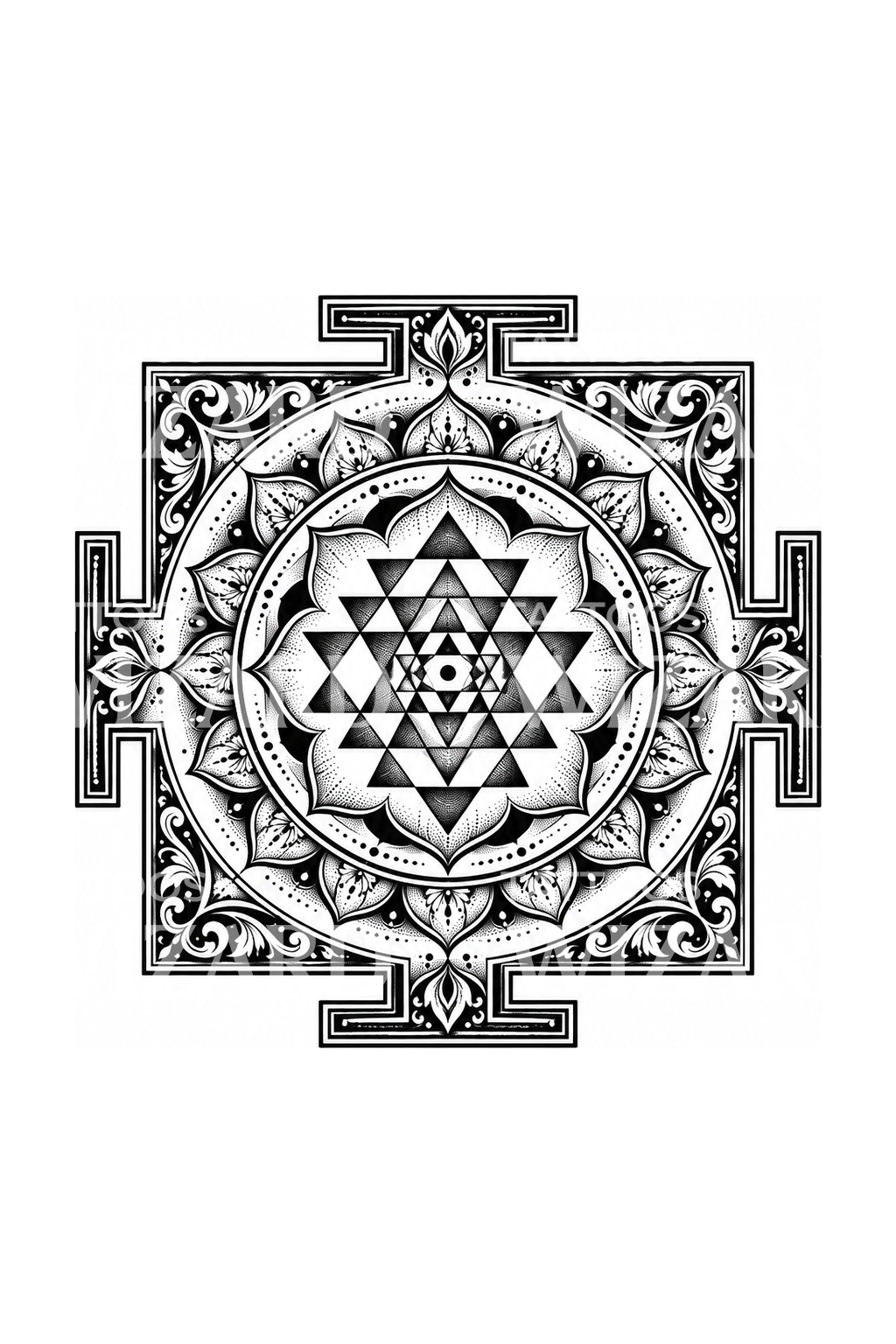Sri Yantra hellig geometri, blackwork-tatovering