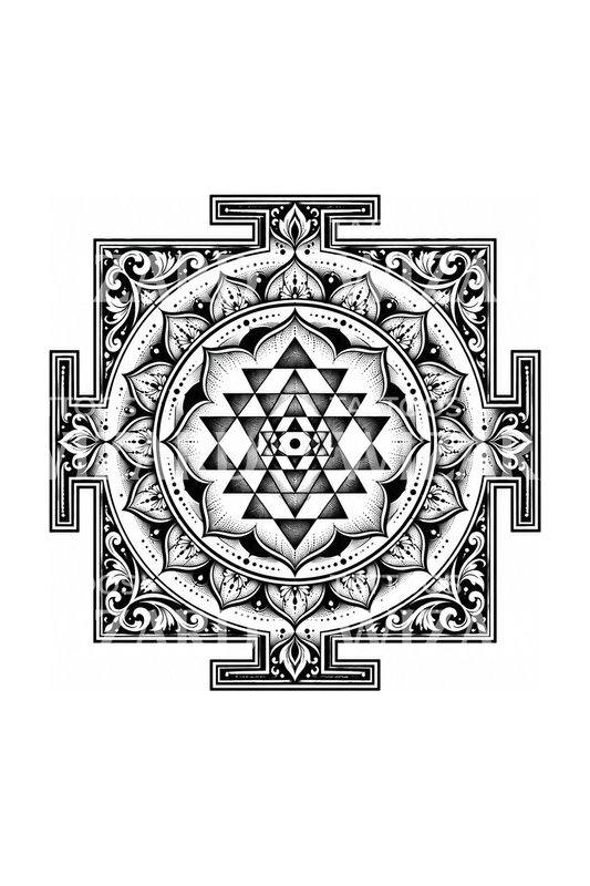 Sri Yantra helig geometri, blackwork-tatuering