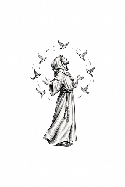 Tato Sketsa Tinta Santo Fransiskus dengan Lingkaran Burung