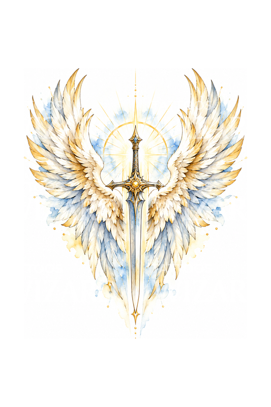 St Michael Archangel Golden Wings and Sword Watercolor Tattoo