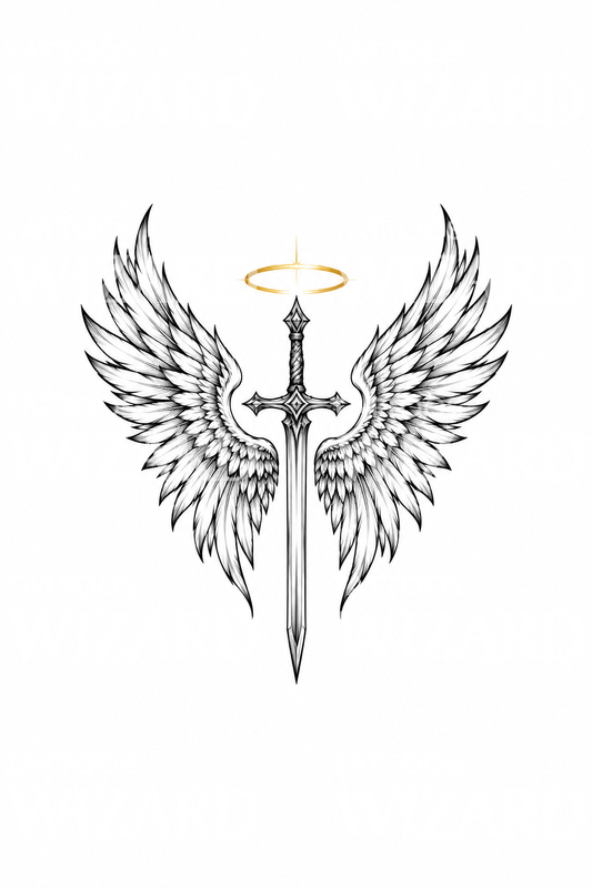 St Michael Archangel Wings Sword and Halo Sketch Tattoo