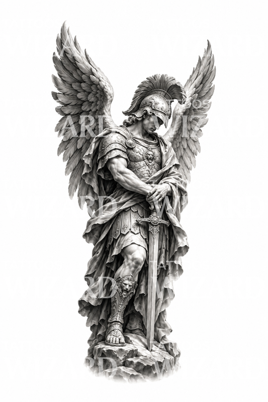 Diseño de tatuaje en negro y gris de San Miguel Guardián