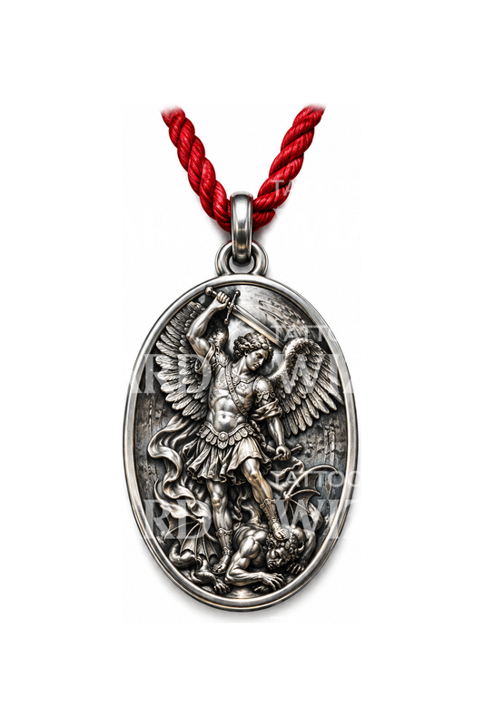 Tattoo-ontwerp van Sint-Michaëlmedaille aan rood koord
