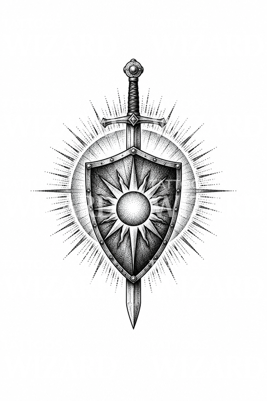 St Michael Shield and Sword with Sunburst Dotwork Tattoo